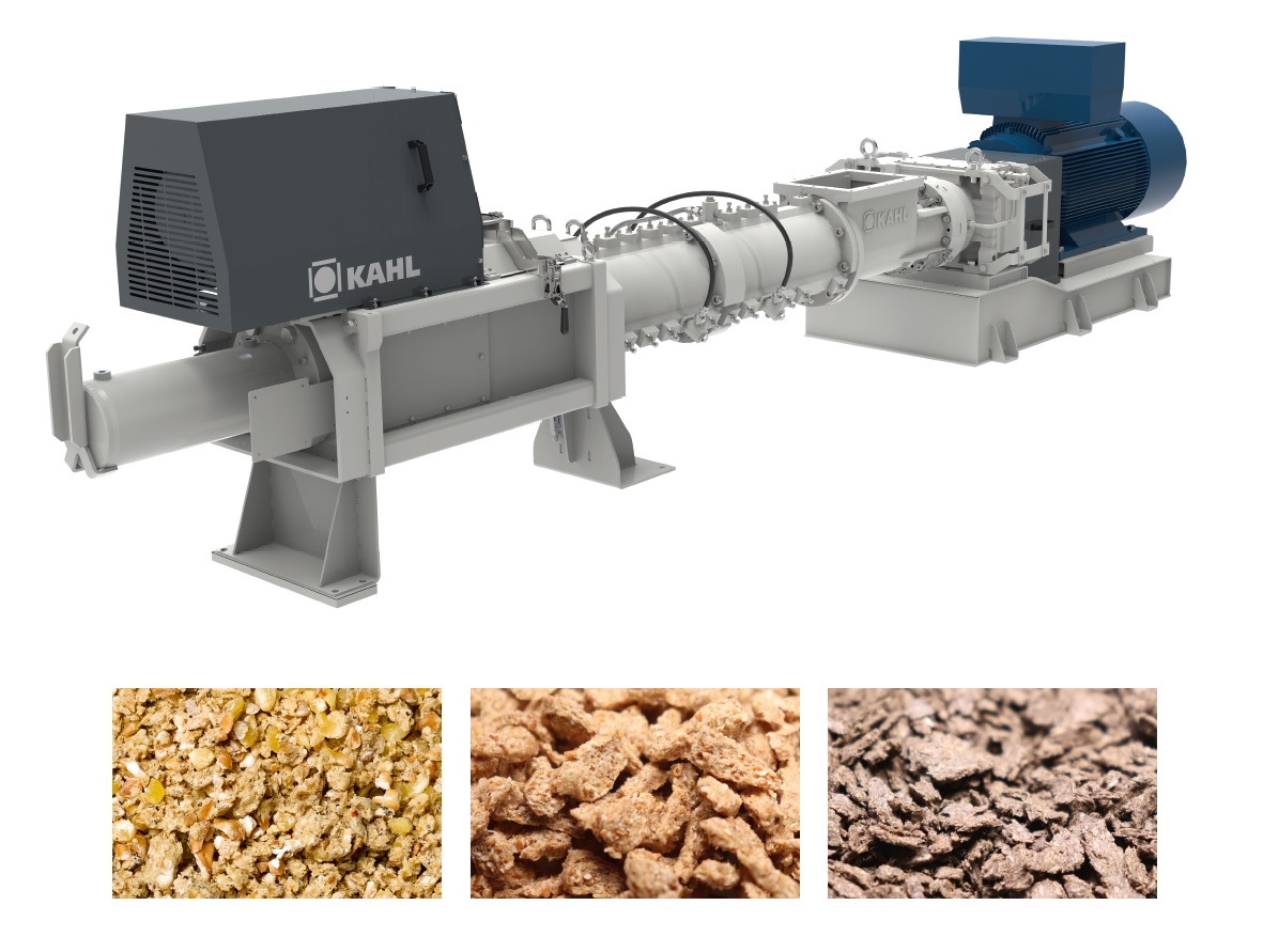 AMANDUS KAHL Expander 膨化機外觀與加工後的膨化飼料成品樣本